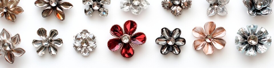 Fototapeta premium Rhinestone flower embellishments on white