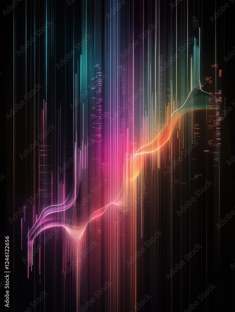 Poster digital financial chart with glowing lines and data visualization on a dark background.