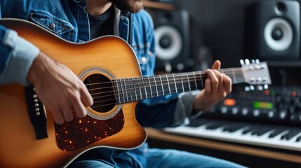 Obraz premium A musician recording a song in a home studio, playing an acoustic guitar while surrounded by professional audio equipment