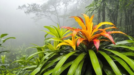 Vibrant Bromeliad Flower in Misty Tropical Forest Landscape