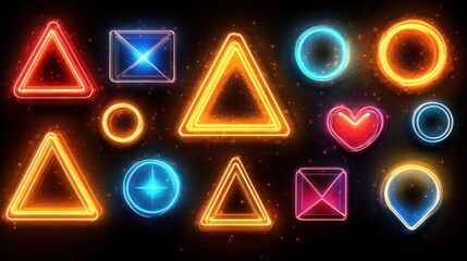 Neon geometric shapes sparkle, dark background, game UI