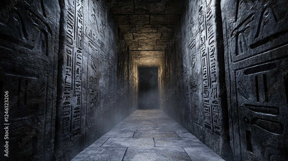 Poster mysterious passage within an ancient egyptian tomb with intricate hieroglyphs and shadows