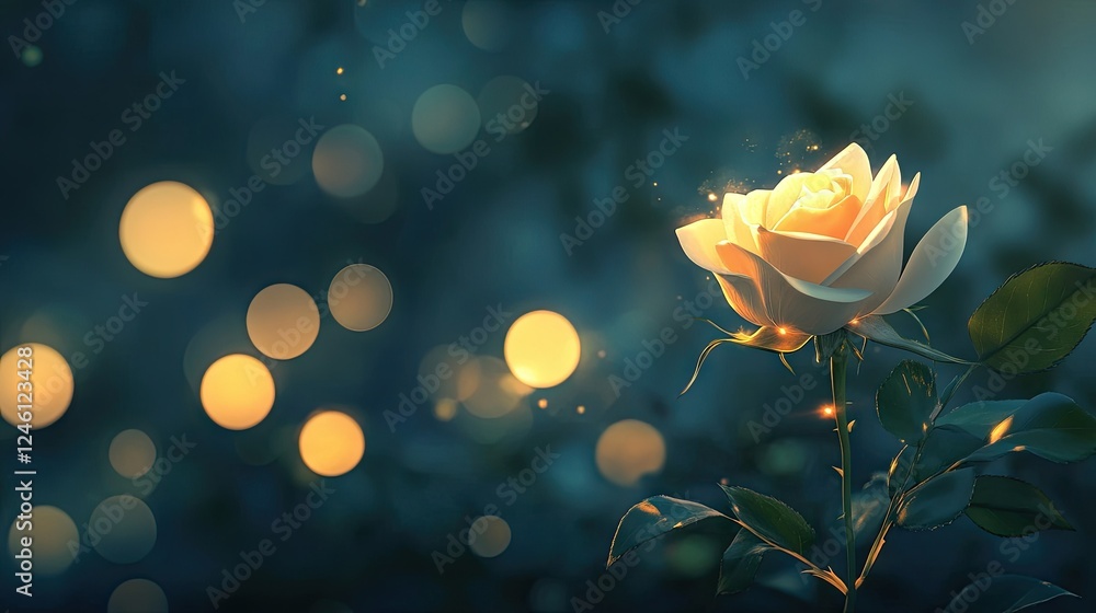Aufkleber a white rose partially open in a garden with soft bokeh lights in the background, leaving space for 