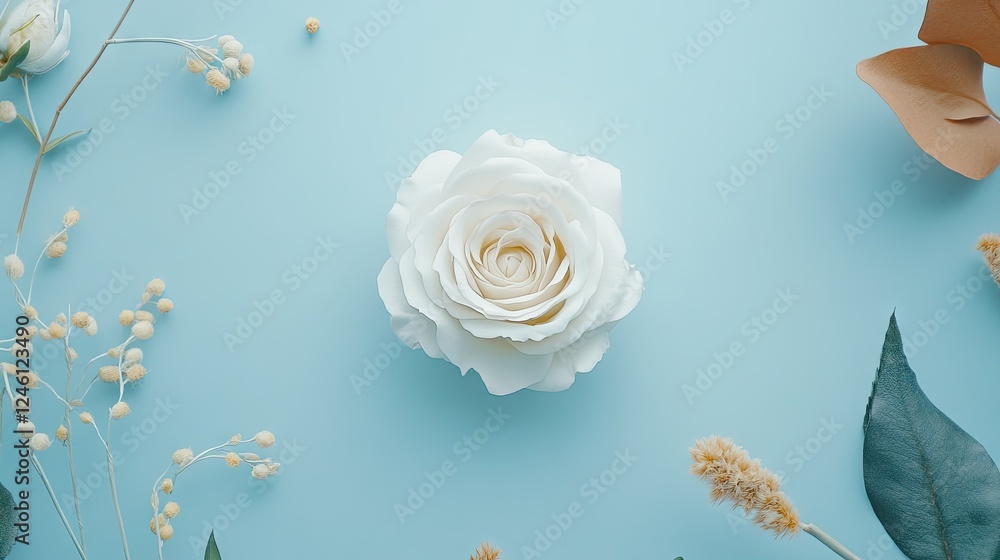 Aufkleber a white rose placed in the center of a floral design with an elegant color palette and empty space f