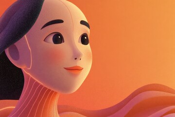 Animated woman with a serene expression against a warm orange background