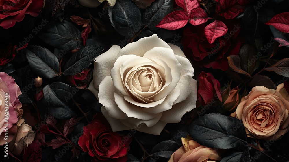 Aufkleber a white rose placed in the center of a floral design with an elegant color palette and empty space f