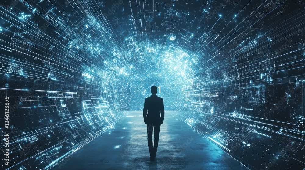 Poster a man walking through a digital tunnel of data and information