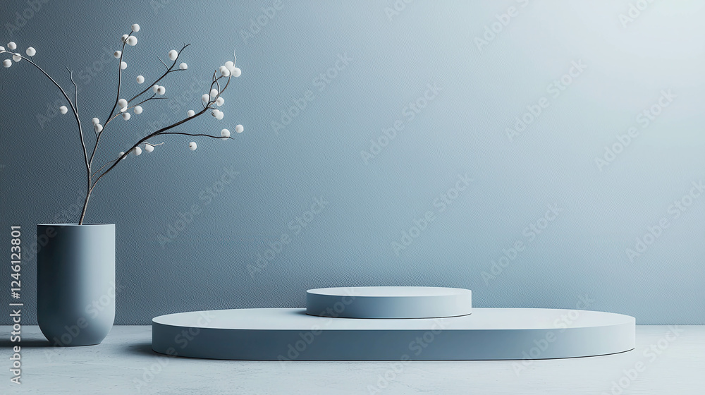 Aufkleber minimalist 3d display platform with soft blue background and decorative branch arrangement