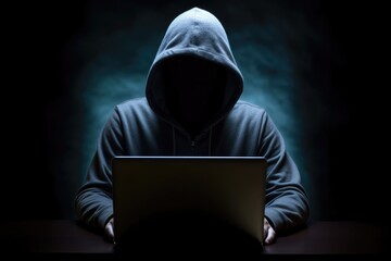Spoofing Concept with Faceless Hooded Male Person. Cyber Pirate or Hacker in Hoodie Using Computer for Network Hack Crime