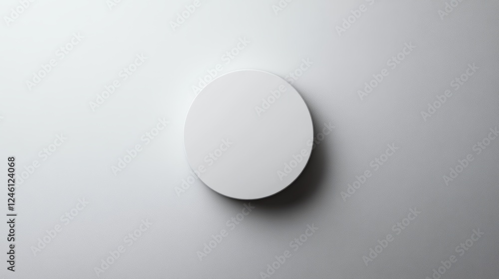 Poster circular white object mounted on a smooth white surface illuminated softly