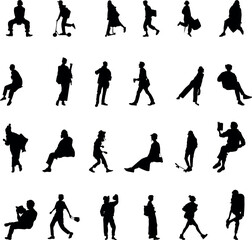 Set of 24 black silhouettes of people in various poses, including walking, standing, sitting, and leaning. Suitable for architectural visualizations, design projects, and creative layouts.
