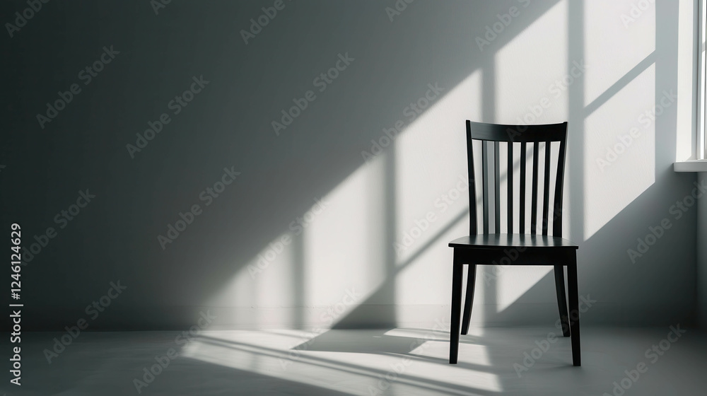 Poster minimalist scene featuring an empty chair beside a window with soft shadows and natural light