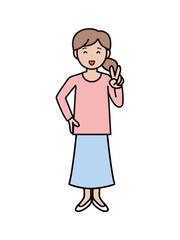 笑顔でピースをする若い女性の全身イラスト