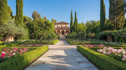 Fototapeta premium A wide shot of a formal rose garden with symmetrical flower beds, neatly trimmed hedges, and stone pathways.