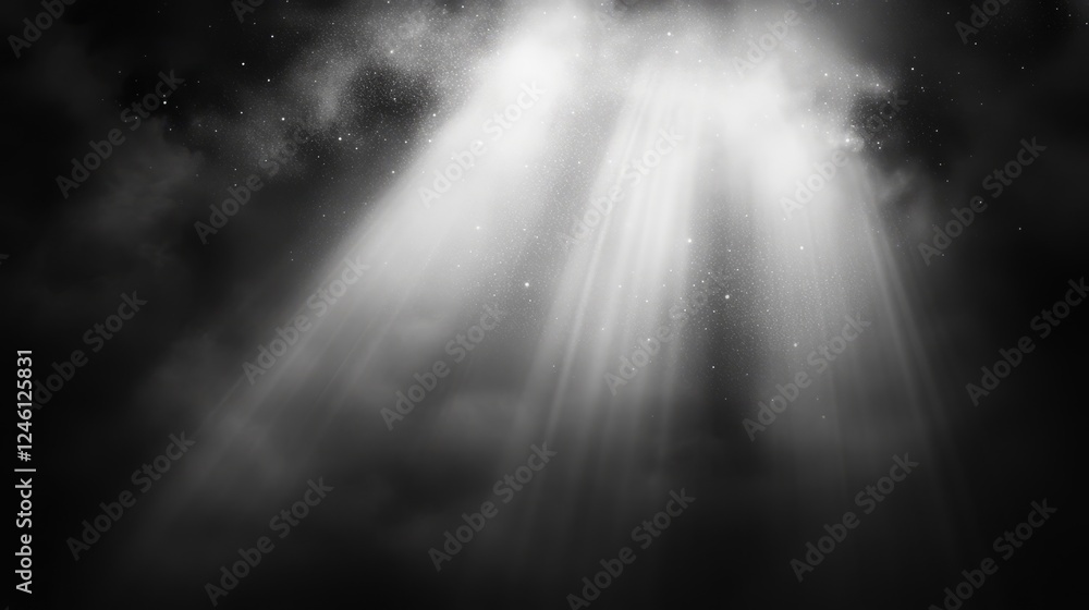 Poster sunlight streams through clouds illuminating a serene atmosphere with soft particles floating in the