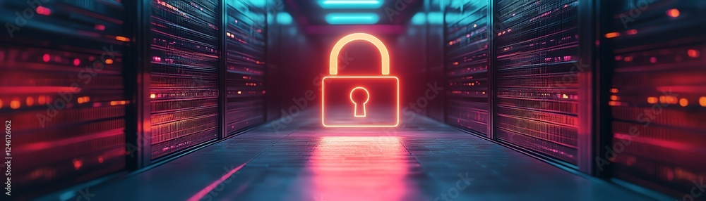 Poster abstract grid with a glowing digital lock, symbolizing data encryption and cybersecurity, dynamic da