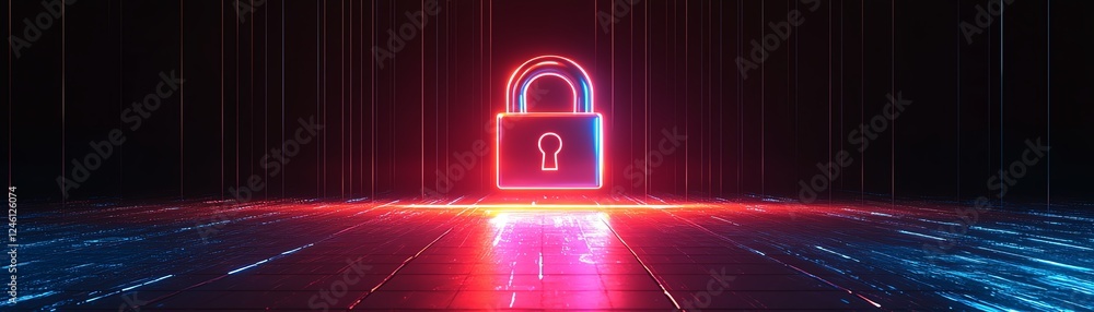 Poster abstract grid with a glowing digital lock, symbolizing data encryption and cybersecurity, dynamic da
