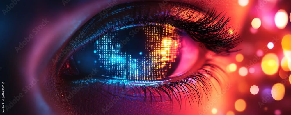 Poster ai image recognition framework with holographic displays, binary code rain, and neural networkinspir