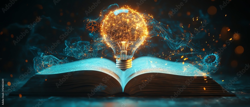 Poster brainshaped light bulb glowing above an open book with intricate gears turning