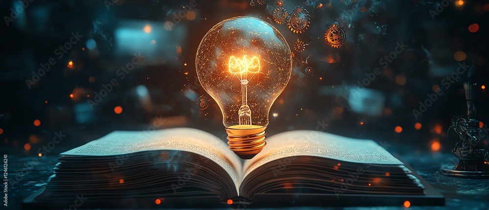 Poster brainshaped light bulb glowing above an open book with intricate gears turning