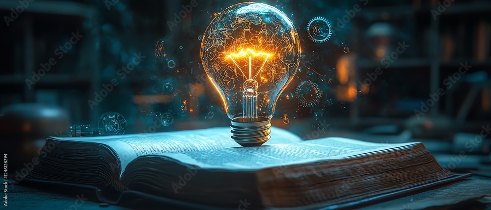 Poster brainshaped light bulb glowing above an open book with intricate gears turning