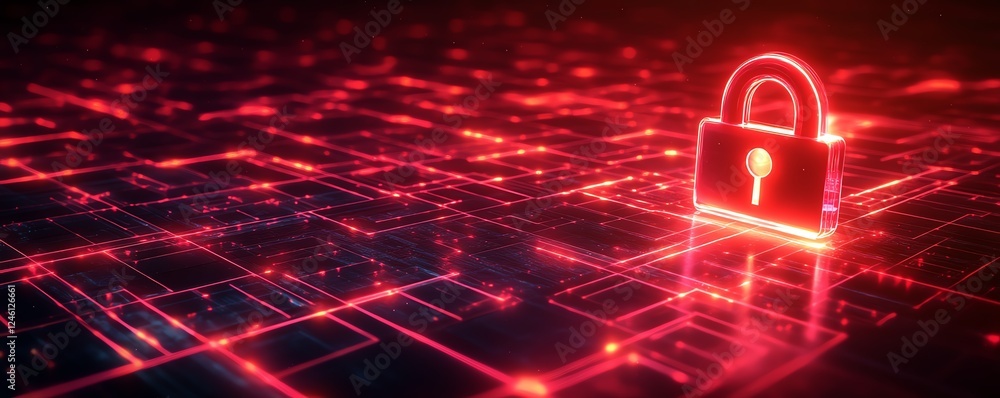 Poster digital lock on a complex abstract grid, representing data protection and cybersecurity, glowing lig