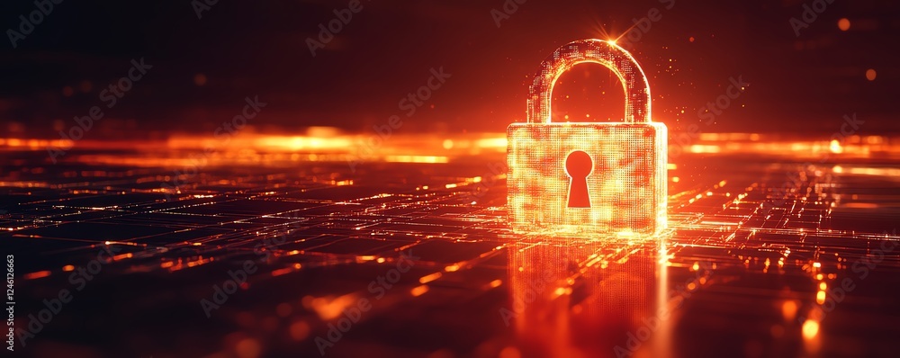 Poster digital lock on a complex abstract grid, representing data protection and cybersecurity, glowing lig