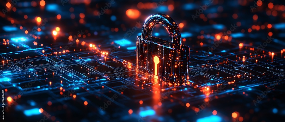 Poster digital lock on a futuristic abstract grid, symbolizing data security and cybersecurity, glowing cir