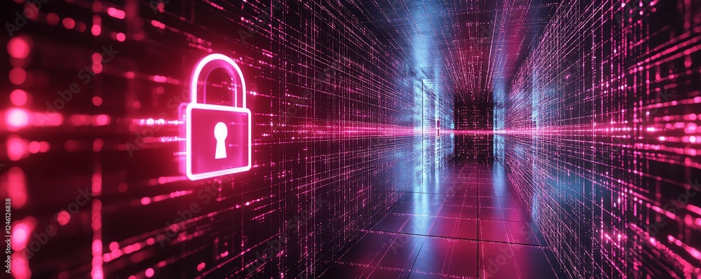 Aufkleber digital lock on a complex abstract grid, representing data protection and cybersecurity, glowing lig