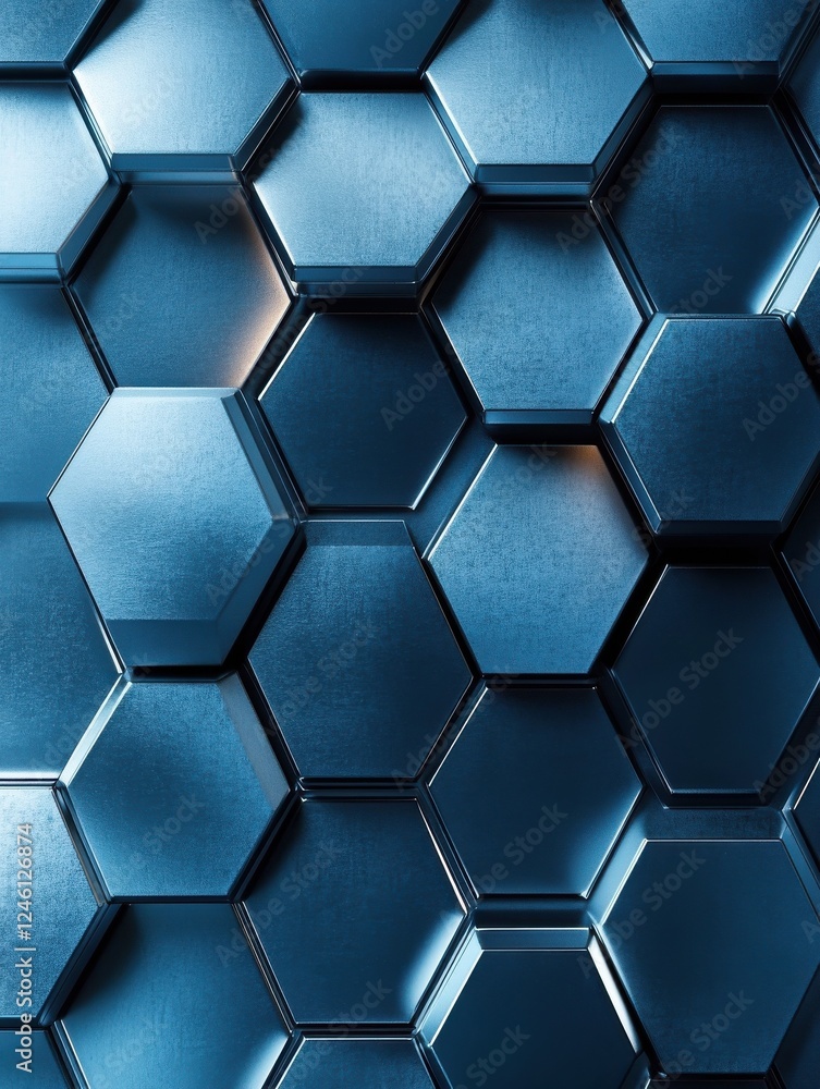 Poster close-up view of blue metallic hexagonal tiles, 3d futuristic texture background