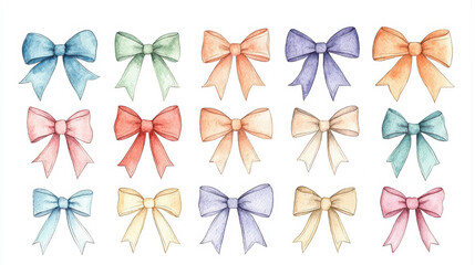 A collection of beautifully designed watercolor bows in various colors. isolated on white background.