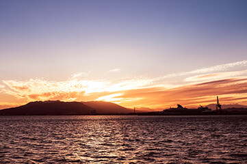 The Alboran Sea during sunset, near Costa del Sol, the westernmost portion of the Mediterranean Sea. Holidays and enjoying life concept, copy space