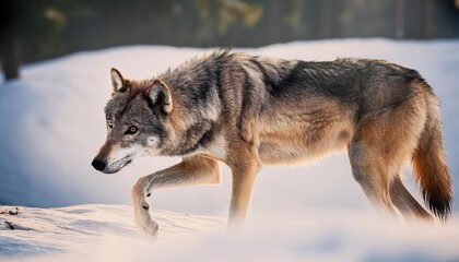 Naklejka premium Enthralling Encounter with a Majestic Wolf Amidst a SnowCovered Forest under the Soft Glow of Dusk, Capturing the AweInspiring Beauty of Winters Whisper