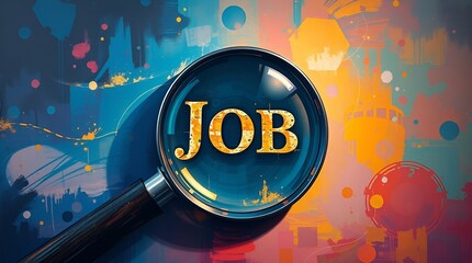 Fototapeta premium Concept of job search with a magnifying glass highlighting the word JOB on a colorful abstract background