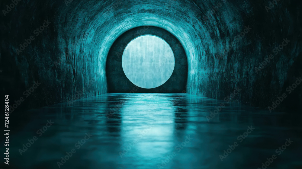 Aufkleber mysterious underground tunnel with a distant glowing circular portal light source