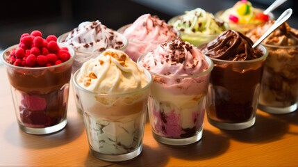 Toppings Galore: Colourful and Fresh Ice Cream Toppings with Fruit, Chocolate and Cream. A Delicious and Refreshing Dessert