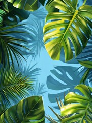 Reflected tropical green leaves on blue background