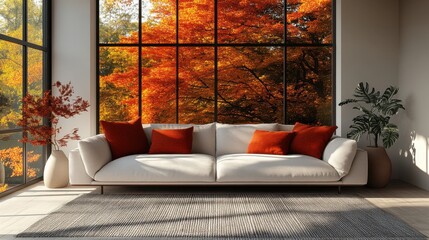 autumn concept interior of a room with a sofa and a window in autumn