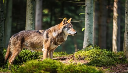 Fototapeta premium Majestic Gray Wolf Roaming the Enchanted Forest, Dappled Sunlight Filtering Through the Canopy, Highlighting the Wild Beauty and Power of Natures Apex Predator.