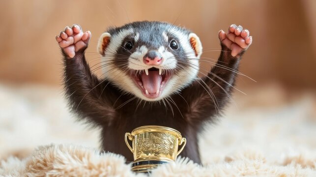 Happy ferret celebrating triumph with golden trophy on soft carpet in cozy indoor setting