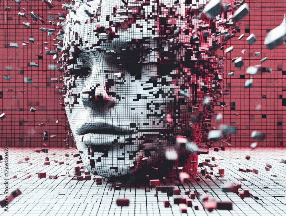 Poster abstract representation of a fragmented face emerging from digital pixels
