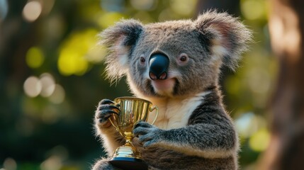 Koala proudly holding a shiny trophy in a vibrant forest setting celebrating an accomplishment