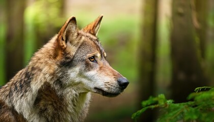 Fototapeta premium Majestic Gray Wolf Staring Intently Amidst a Lush Forest Backdrop, Showcasing the Beauty and Majesty of Wildlife in Its Natural Habitat