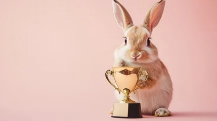 Fotobehang Dierenarts Celebrating achievement with a cute rabbit holding a golden trophy against a soft pink backdrop  © Oleksandr