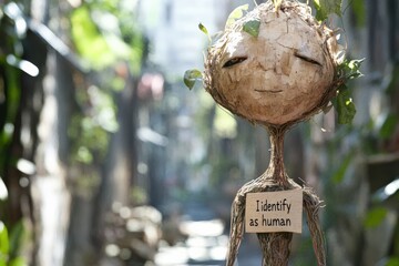 Whimsical figure made of natural materials holding a sign that says I identify as human
