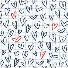 Hand-drawn hearts pattern. Vector seamless texture with heart doodles on cage notebook paper background. St. Valentine's Day background