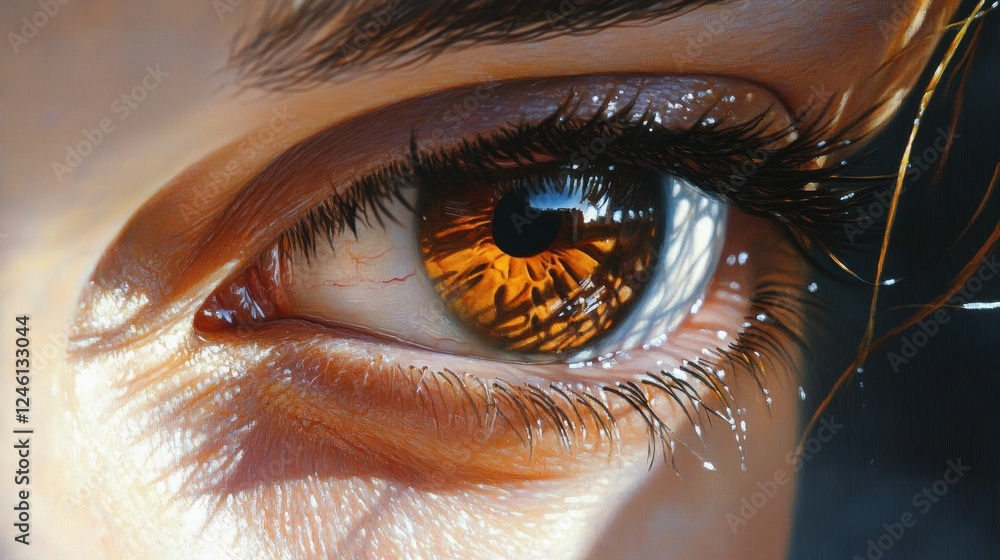 Aufkleber captivating gaze featuring a striking amber eye reflecting intricate patterns of light and shadow in