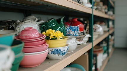 Fototapeta premium Colorful vintage pottery on shelves in a storage room