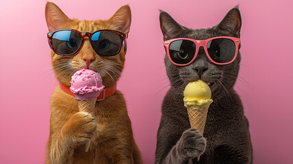 Fototapeta premium Two cats with sunglasses eating ice cream standing together on pink background, humorous funny adorable pet portrait