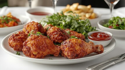 A plate of crispy fried chicken drumsticks garnished with herbs, served with sauces and sides.